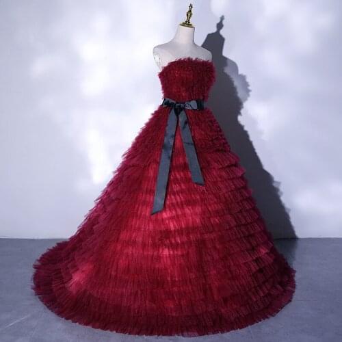 Luxury wine red ruffled flower court ball gown princess/queen Medieval Victorian Ball stage performance/event/studio