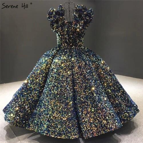 Serene Hill Indigo Blue Gold Luxury Sleeveless Evening Dress 2020 V-Neck Sequined Sparkle Tea-Length Formal Party Gown CHA2300