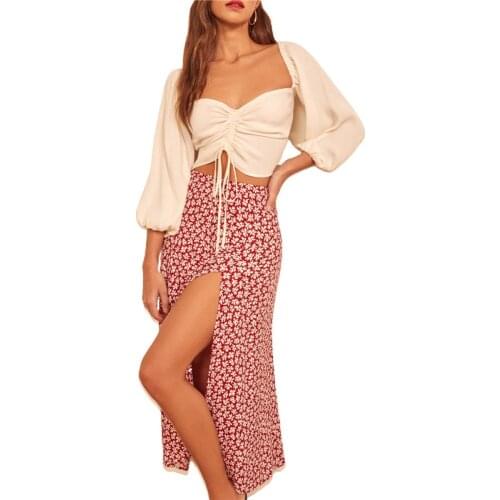 Xingqing Women Midi Skirts Polk-Dot Split Casual Long Skirt Loose Fitting High Waist Skirts Bohemain Style Floral Maxi Skirt
