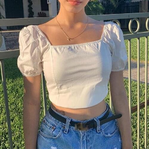 Women Sexy Solid Color Crop Tops 2021 Summer New Square Neck Puff Sleeve Wrap Bustier Open Back T-shirt White Tee S-L