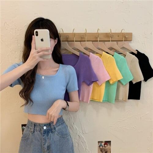 Simplee Girly Sweaters Women Summer Korean Fashion Clothing Crop Crochet Pink Cute Top Short Sleeve Tees Free Shipping 2021