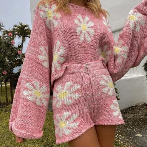 Spring Autumn Two Piece Knitted Sets Vintage Floral Printed Long Sleeve Sweater Top and Zipper Biker Shorts Women Matching Suit