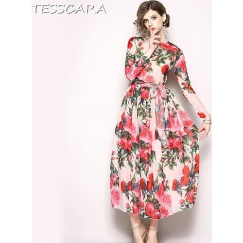 TESSCARA Women Elegant Floral Dress Festa Female Fashion Designer Long Party Vestidos High Quality Retro Office Lady Robe Femme