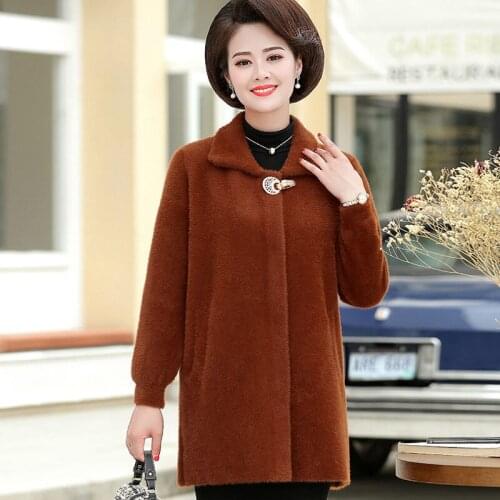 2020 Women New Spring and Autumn Faux Mink Fur Coat Middle Aged Loose Korean Knitted Sweater Cardigans Solid Mid Long Jacket D04