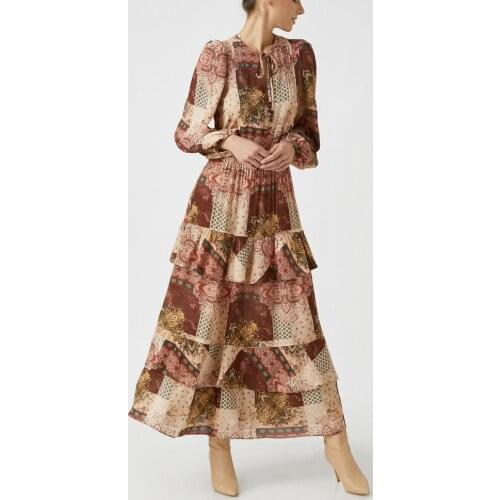 100% Viscose Ethnic Pattern ruffled elastic waistline Long Sleeve Dress elegant style bohemian 34-44 size range