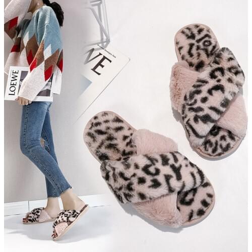 Winter Women Home Slippers with Faux Fur Fashion Warm Shoes Woman Slip on Flats Female Slides Leopard Plus Size