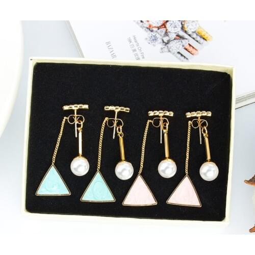 10 pairs/lot Gold Color Triangle Earrings Eardrop Big Imitation Pearl Tassel Crystal Rhinestones Stud Earring For Women Jewelry