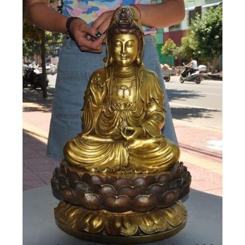 19"China Buddhism Temple brass Lotus kwan-yin GuanYin Bodhisattva Buddha statue