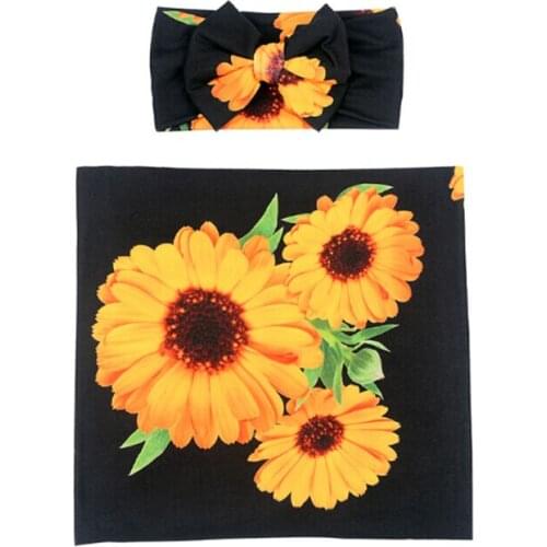 Newborn 2 Piece Sleep Wrap Sets Cute Sunflower Printed Baby Swaddle Blanket + Bowknot Headband