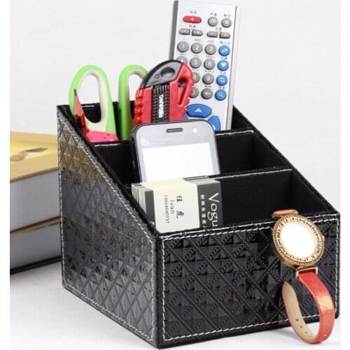 3-slot home office wood PU leather desk sundries makeup remote controller stationery storage box case holder diamond black 254F