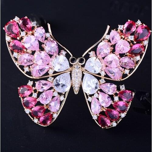 Butterfly Brooch Luxury Pink Zircon Crystal Brooches Pins for Women Wedding Bridal Bouquet Broaches Large Insect Animal Broche