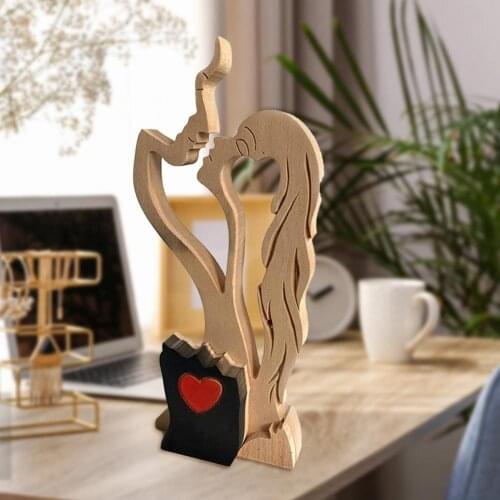 Wooden Kissing Ornaments Decorative Couples Figurines Handmade Male Female Sculpture Unique Room Miniatures for Valentines Day