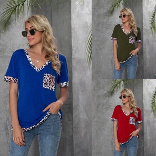 Women V-neck T-shirt Patchwork Leopard Pocket Short Sleeve Tops Tee Summer Female Casual Streetwear
