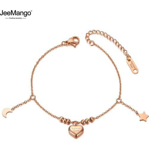 JeeMango Fashion Stainless Steel Forever Love Heart Charm Bracelets For Women Rose Gold Star Moon Chain & Link Bracelet JB20102