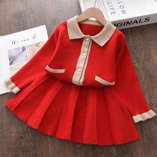 Menoea Autumn Girls Classic Clothing Set Knitting Long Sleeves Kids Striped Top and College Skirt 2pcs School Uniform Outfits
