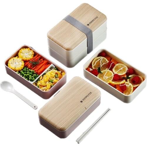 Microwave Double Layer Lunch Box 1200ml BPA Free Wooden Feeling Salad Bento Box Kids School Bento Box Lunch Bag Bowl Tableware