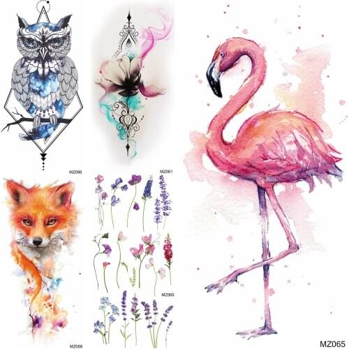 Colorful Flamingo Fox Owl Temporary Tattoos Sticker 3D Waterproof Lavender Flower Tattoos For Women Men Body Art Arm Tatoo Decal