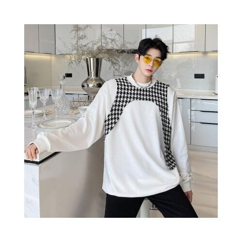 Large size spring irregular houndstooth cut patchwork design loose round collar jacket fashion mens Hoodie