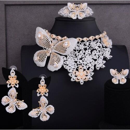 LARRAURI 4Pcs Trendy Wedding Indian Exaggerate Jewelry For Women Statement Butterfly Choker Necklace Bangle Ring Jewelry Sets