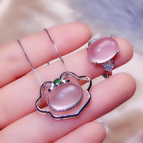 New Design Natural Rose Quartz jewelry set Natural Real Rose Quartz 925 sterling silver 1pc pendant,1pc ring