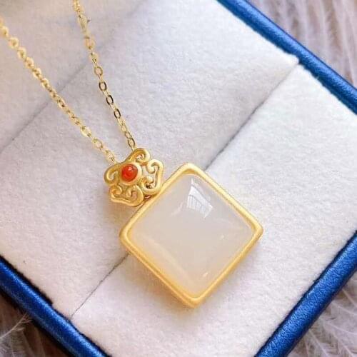 Natural Hetian Jade Retro Pendant Necklace 925 Silver Fashion Jewelry Chalcedony Amulet Gifts for Women