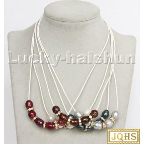 Natural 17" 13mm rice white gray black coffee wine red pearls white leather necklace c169