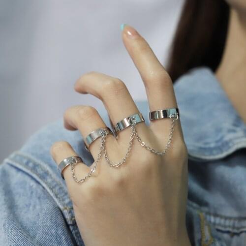 Punk Cool Hip Pop Goth Set of Rings Multi-layer Adjustable Chain Four Open Finger Rings for Women Rotate Party Gift bague femme