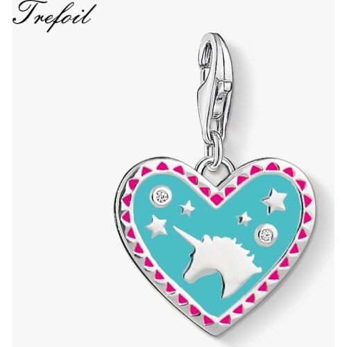 Heart with Unicorn Charms Pendant,2019 Fashion Jewelry 925 Sterling Silver Cute Original Gift For Women Fit Bracelet Necklace