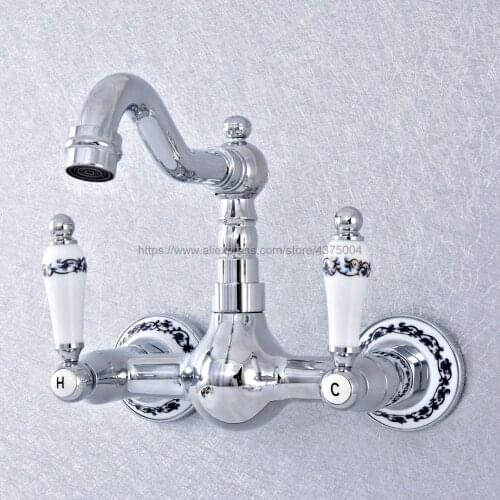 Polished Chrome Double Handle Kitchen Faucet Wall Mounted 360 Degree Rotate Bathroom Kitchen Mixers Hot and Cold Tap Nsf551