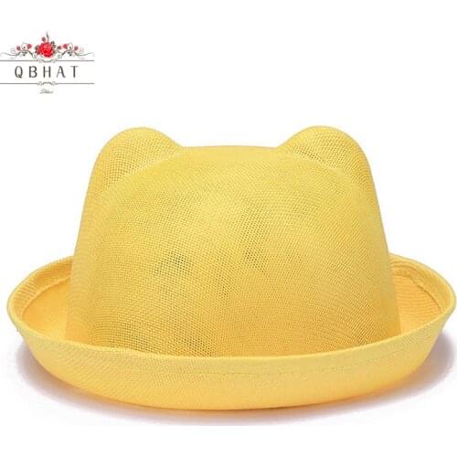 QBHAT Summer Plain Polyester Women Mesh Fedoras Hats Bear Cat Ear Woman Ladies Bowler Hat Casual Bucket Cap Sombrero Sunhat