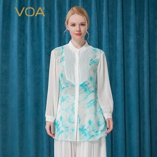 VOA White Background Blue Halo Stand-up Collar Single-breasted Autumn Long-sleeved Top Mid-length 100% Mulberry Silk Shirt BE251