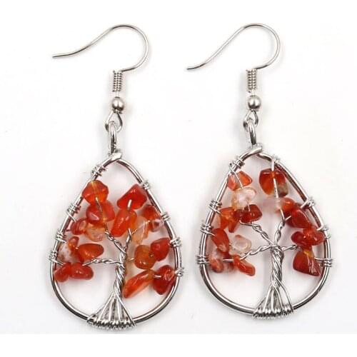 Red Carnelian Silver Plated Wire Wrap Water Drop Earrings Tiger Eye Stone Tree of Life Jewelry