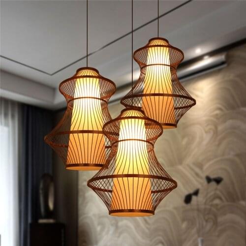 Modern Bamboo Pendant Lights Weaving Rattan Cage Lantern Suspension Black Hanging Lamp For Stair Restaurant Pendant Lamps G040