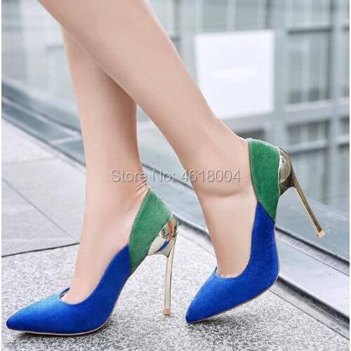 KALMALL Fashion Women Patchwork Pumps 10 cm Metal High Heels Pointed Toe Wedding Heels Mixed Color Slip on Party Dress Pumps