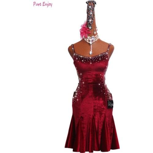 Women Suspenders Latin Dress Girls red Velvet Rhinestones Latin Ballroom Tango Modern Rumba Cha Cha Salsa Dance Costume