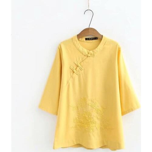 Plus Size Womens Half Sleeve Blouse Spring Summer Floral Embroidered Linen Blusas Oversized Tops