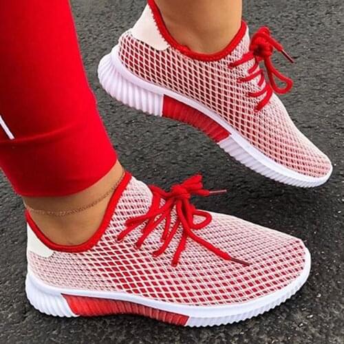 Plus Size 35-43 Red Mesh Women Flat Walking Shoes Casual Shoes Ladies Outdoor Sport Sneakers Breathable Female Lace-up Footwear