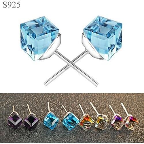 Real Pure Solid 925 Sterling Silver Stud Earrings for Women Fine Jewelry Purple Blue Gold Black Austrian Crystal Female Earrings