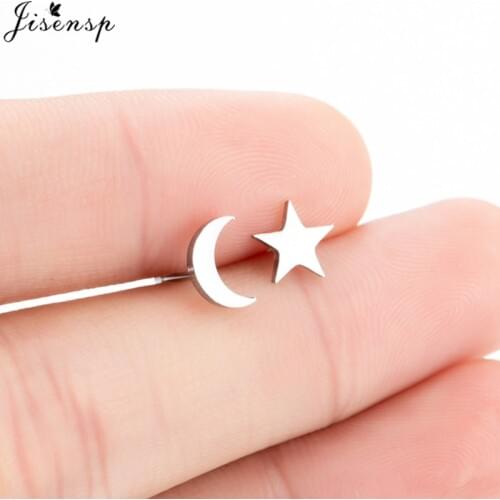 Jisensp Korean Tiny Star Moon Stud Earrings for Women Antique Gold Earrings Brincos Fashion Stainless Steel Jewelry Accessories