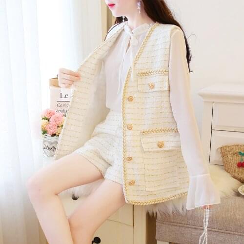 2021 Summer Fashion Korean Women Knitting Vest Shorts 2 Piece Suit Set V-neck Plaid Loose Business Work Wear Womens Clothing