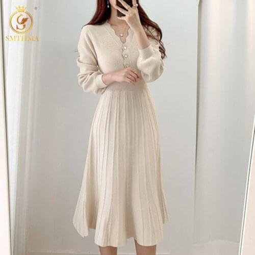 SMTHMA Korean Chic French Style Temperament Sweater Dress Womens Lantern Long Sleeve Knit Mid-Length Dresses Vestidos