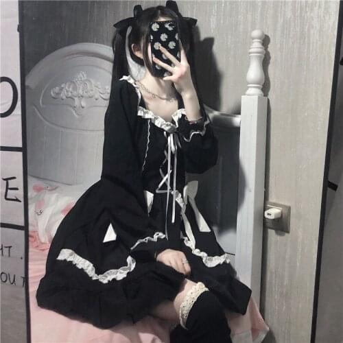Japanese Style Dark Sweet Lolita Spring 2021 New High Waist Slimming Long Sleeve Op Dress for Women kawaii Lolita dress
