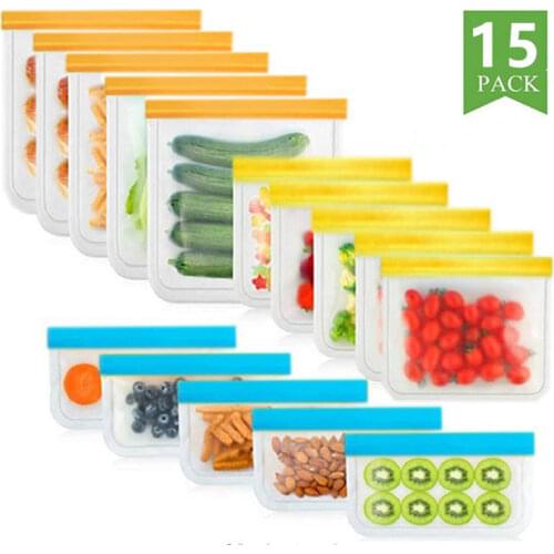 15Pcs/set Of Silicone Food Bag Reusable Fresh-keeping Bag Fruit And Vegetable Sealed Bag Leak-proof Food Storage Ziplock Bag