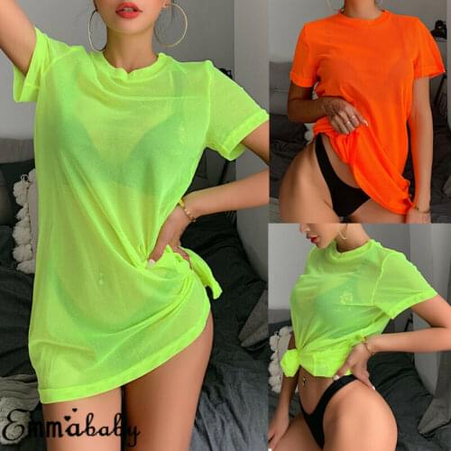 2019 Summer Womens Sheer Mesh See Though Neon Green Bikini Cover Up Swimwear Swimsuit Bathing Summer Beach Dress Outfit