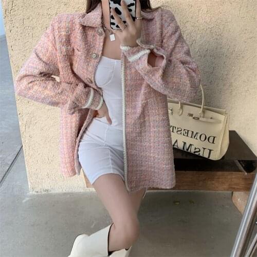 2021 Fashion Korean Fall Clothes Thin Wool Coat Single Breasted Cute Vintage Outfit Pink Windbreaker chaqueta Tweed Plaid Women