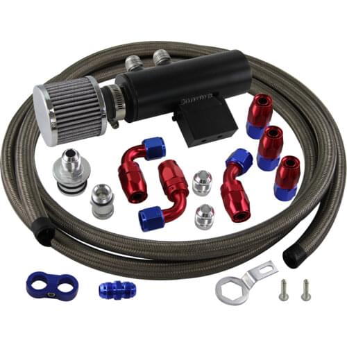 Oil Catch Can Reservoir Breather Filter Hose Fittings Kit For Honda Acura VTEC Black / Silver