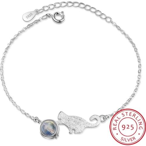 Cut Cat Natural Strawberry Crystal Moonstone 925 Sterling Silver Bracelet For Women Girl Good Friend Present S-B185