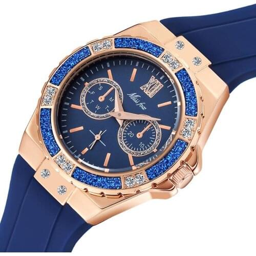 MISSFOX Womens Watches Chronograph Rose Gold Sport Watch Ladies Diamond Blue Rubber Band Female Quartz Wristwatch Reloj Mujer