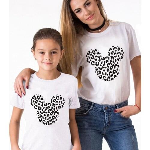 New T-shirt Leopard Mickey Mouse Head Print Tshirt Loose Spring Summer Children Tee Shirt Round Neck Famliy Look,Drop Ship