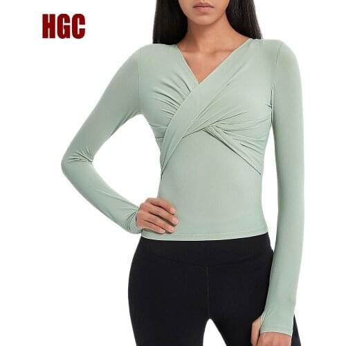 HGC Yoga Top Long Sleeve Naked-feel Fitness Shirts Facade Cross Scrunch Push-up Sports Blouse Breathable Sexy Running Pullover